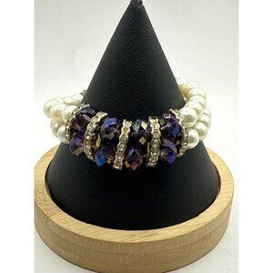 Vintage Faux Pear Purple Bead Stretch Bracelet Double-Strand Rhinestone Accents
